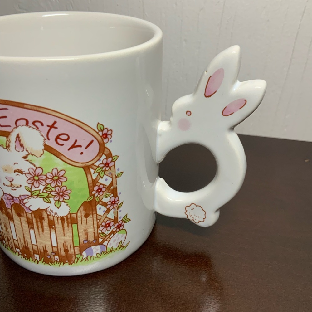 Vintage Taiwan Happy Easter White Bunny Handle Mug Floral Rabbit Cottagecore - Picture 2 of 7